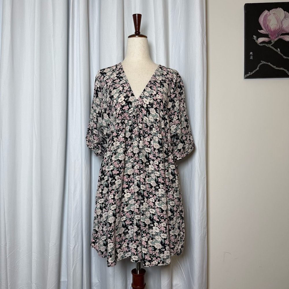 Natural Life Floral Babydoll Tunic Black Pink Boho V Neck Flowy Womens Medium